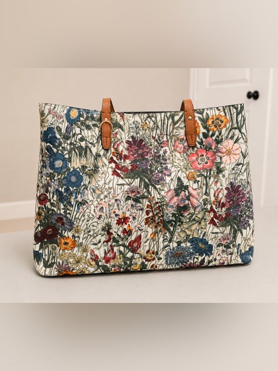 Tory Burch Handbags - Tory Burch Multicolor Floral Canvas Tote with Tan Leather Handles